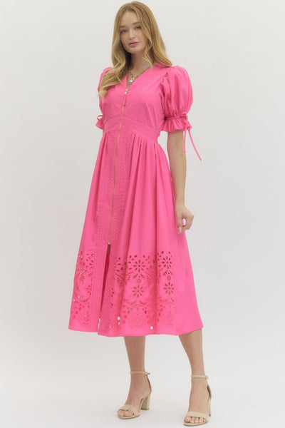 classic choice embroidered puff sleeve midi dress | pink
