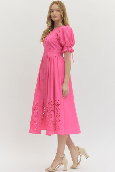 classic choice embroidered puff sleeve midi dress | pink