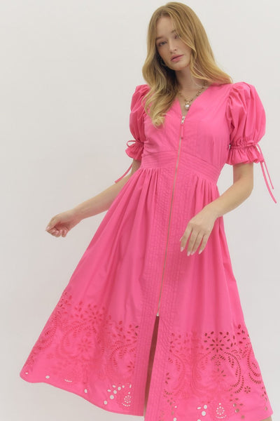 classic choice embroidered puff sleeve midi dress | pink