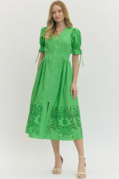 classic choice embroidered puff sleeve midi dress | green