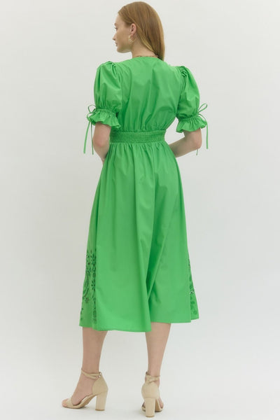 classic choice embroidered puff sleeve midi dress | green
