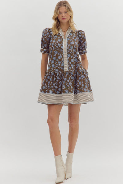 isn't she something floral puff sleeve mini dress | brown