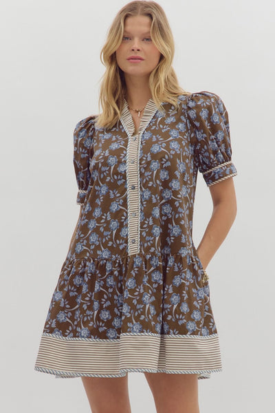 isn't she something floral puff sleeve mini dress | brown