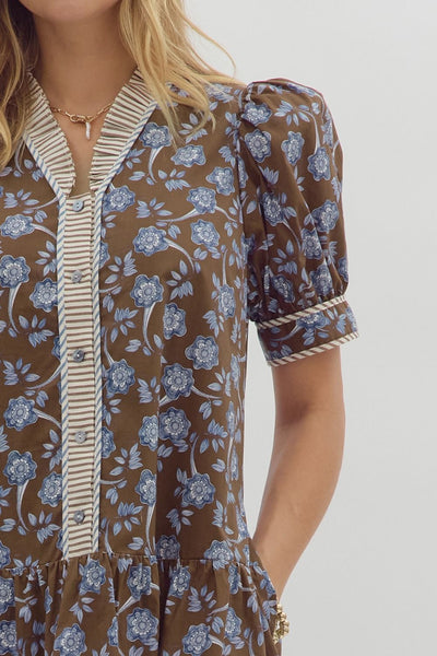 isn't she something floral puff sleeve mini dress | brown