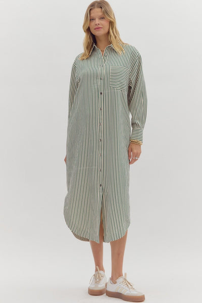 take the chance striped button up midi dress | hunter green