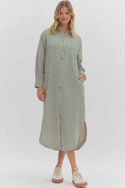 take the chance striped button up midi dress | hunter green
