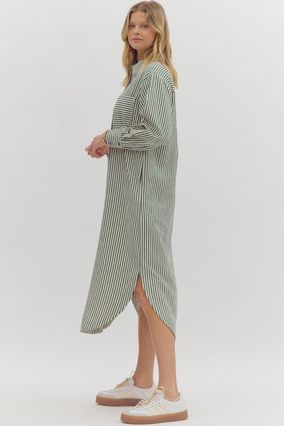 take the chance striped button up midi dress | hunter green