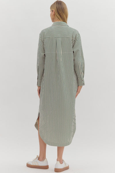 take the chance striped button up midi dress | hunter green