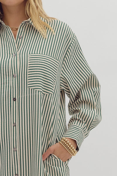 take the chance striped button up midi dress | hunter green