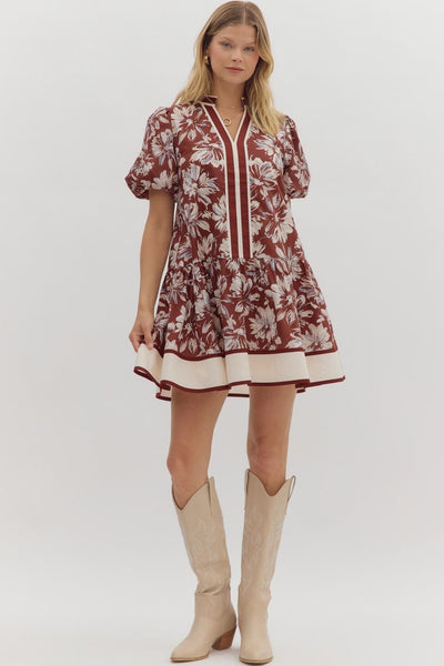 left me speechless floral ruffle hem dress | burgundy