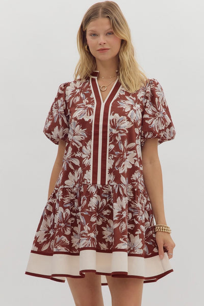 left me speechless floral ruffle hem dress | burgundy