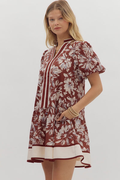 left me speechless floral ruffle hem dress | burgundy