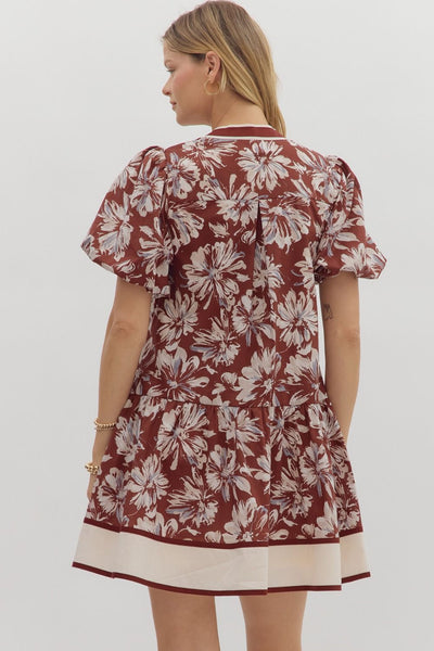 left me speechless floral ruffle hem dress | burgundy
