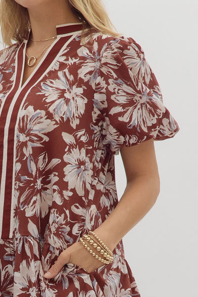 left me speechless floral ruffle hem dress | burgundy