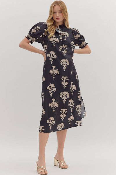 no introduction botanical print puff sleeve midi dress | black