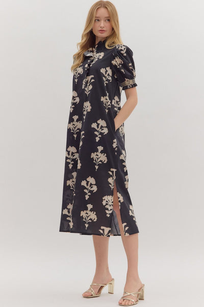 no introduction botanical print puff sleeve midi dress | black