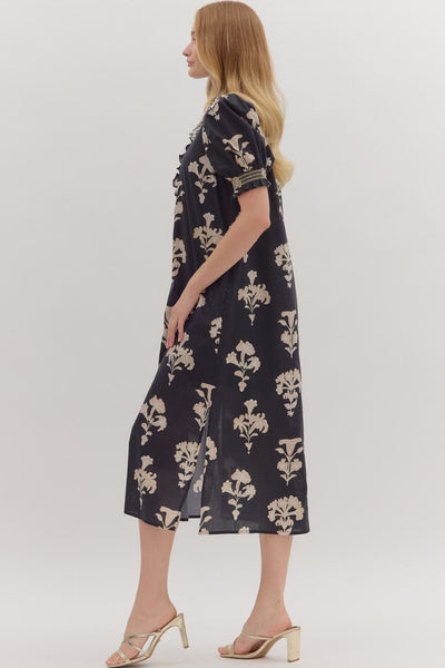 no introduction botanical print puff sleeve midi dress | black