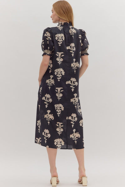 no introduction botanical print puff sleeve midi dress | black