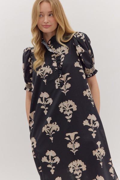 no introduction botanical print puff sleeve midi dress | black