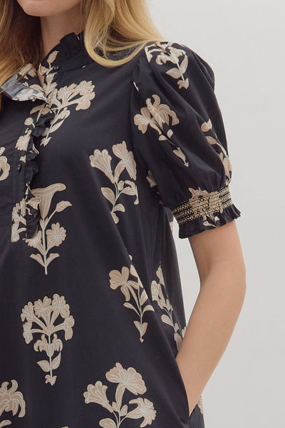 no introduction botanical print puff sleeve midi dress | black