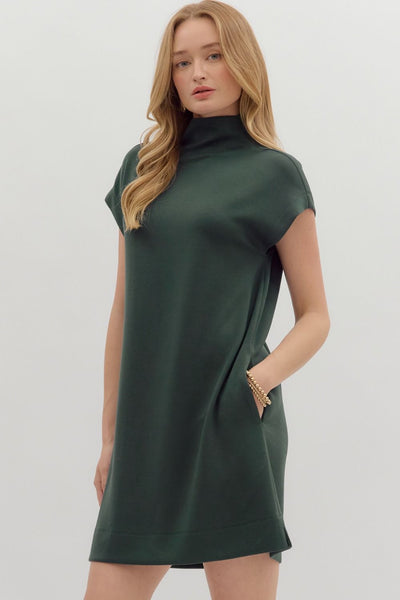 be the moment mock neck mini dress | dark green