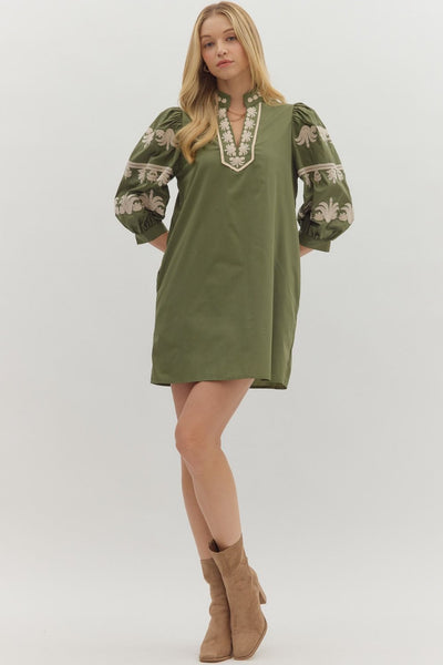 charmed by you embroidered puff sleeve dress | olive