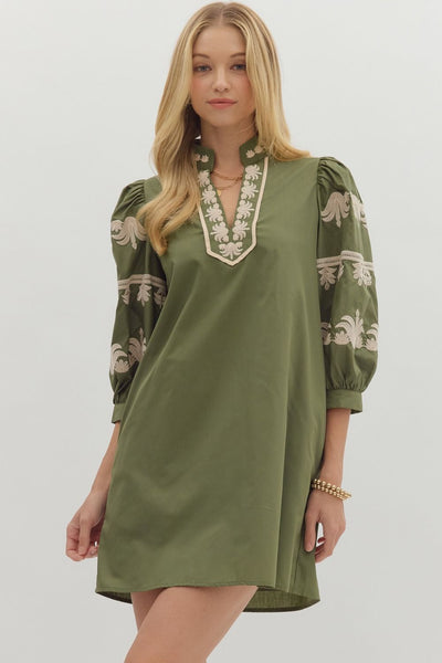charmed by you embroidered puff sleeve dress | olive