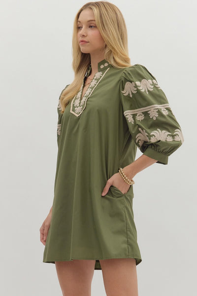 charmed by you embroidered puff sleeve dress | olive