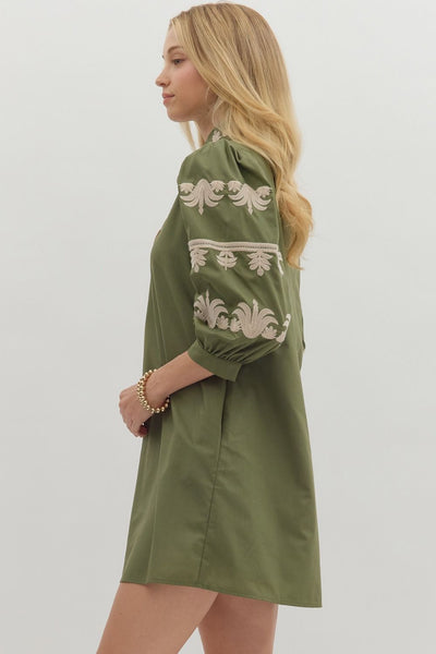 charmed by you embroidered puff sleeve dress | olive