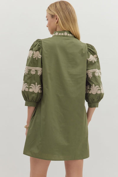 charmed by you embroidered puff sleeve dress | olive