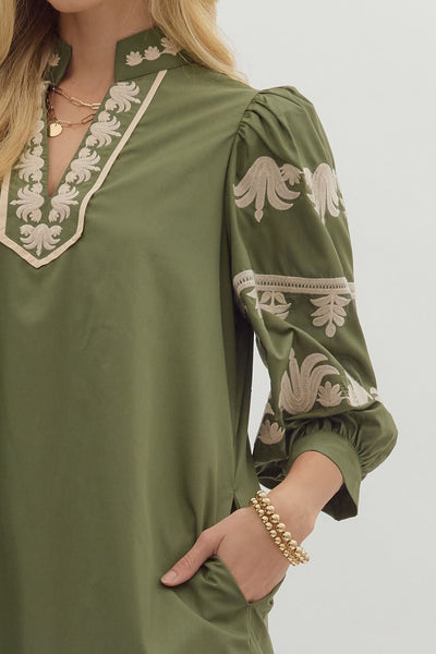 charmed by you embroidered puff sleeve dress | olive