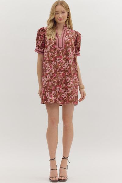 same time tomorrow floral puff sleeve mini dress | brown