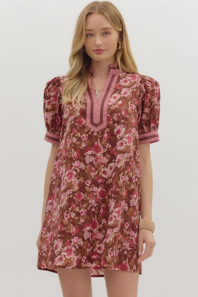 same time tomorrow floral puff sleeve mini dress | brown