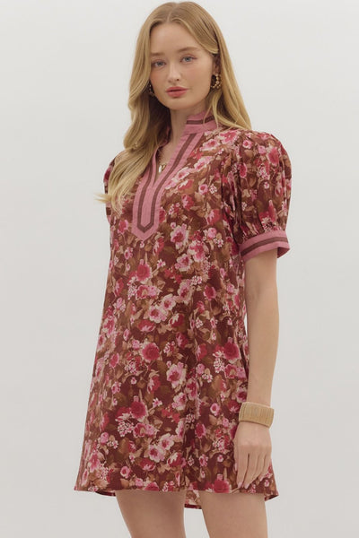 same time tomorrow floral puff sleeve mini dress | brown