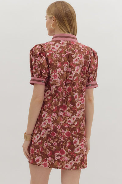 same time tomorrow floral puff sleeve mini dress | brown