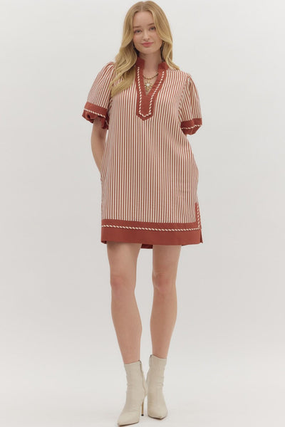 the clear choice stripe puff sleeve dress | brick
