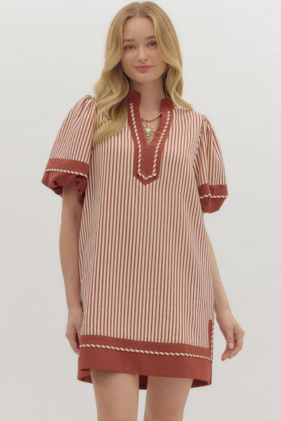 the clear choice stripe puff sleeve dress | brick