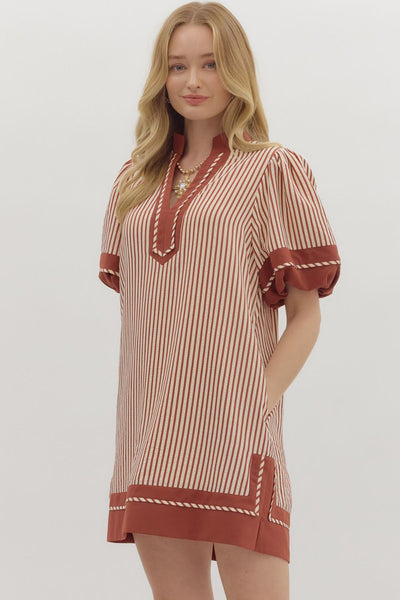 the clear choice stripe puff sleeve dress | brick