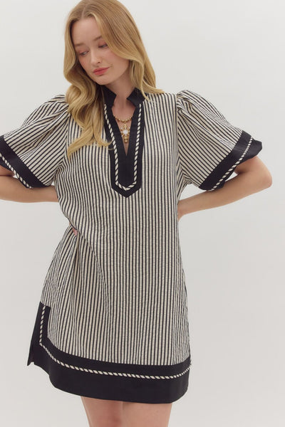 the clear choice stripe puff sleeve dress | black