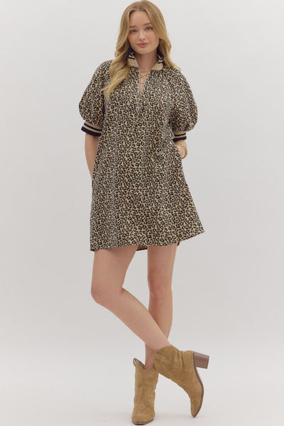 going strong leopard print raglan puff sleeve dress | taupe