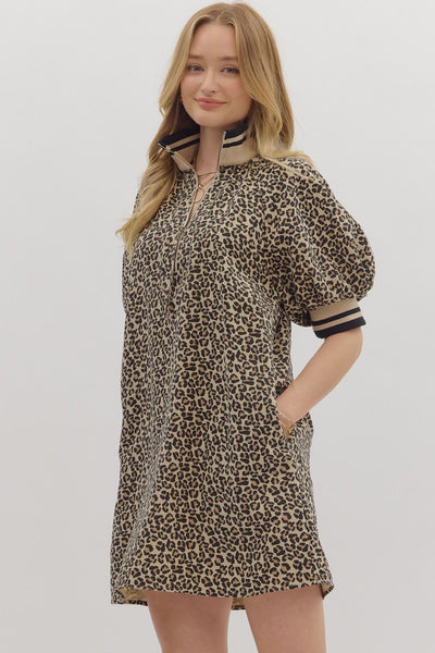 going strong leopard print raglan puff sleeve dress | taupe