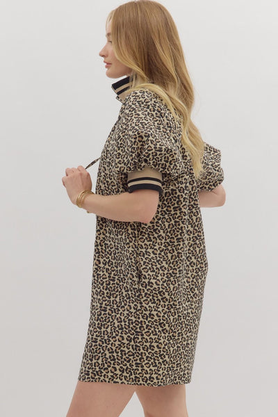 going strong leopard print raglan puff sleeve dress | taupe