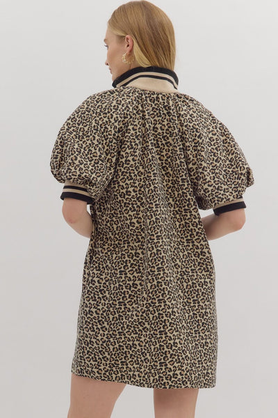 going strong leopard print raglan puff sleeve dress | taupe