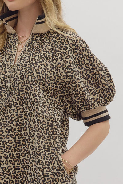 going strong leopard print raglan puff sleeve dress | taupe