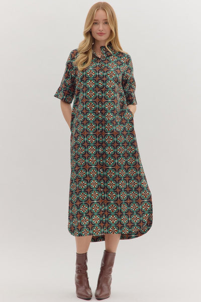 with intention geometric midi dress | brown