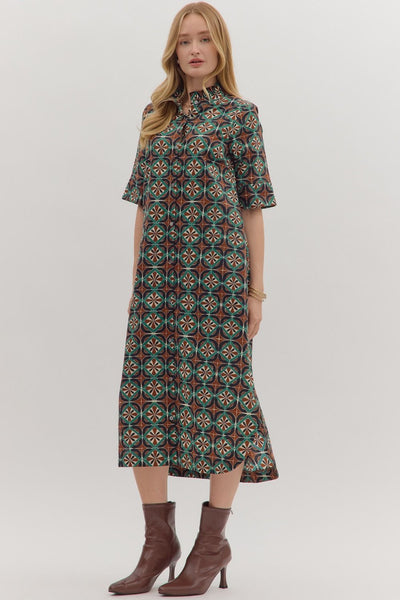 with intention geometric midi dress | brown