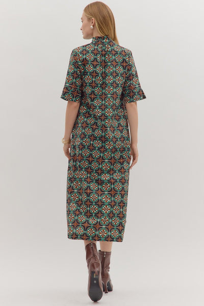 with intention geometric midi dress | brown