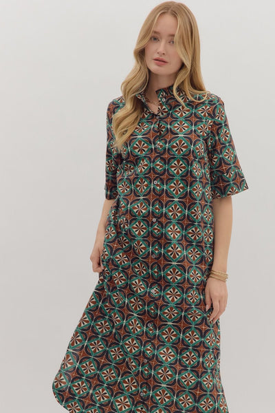 with intention geometric midi dress | brown