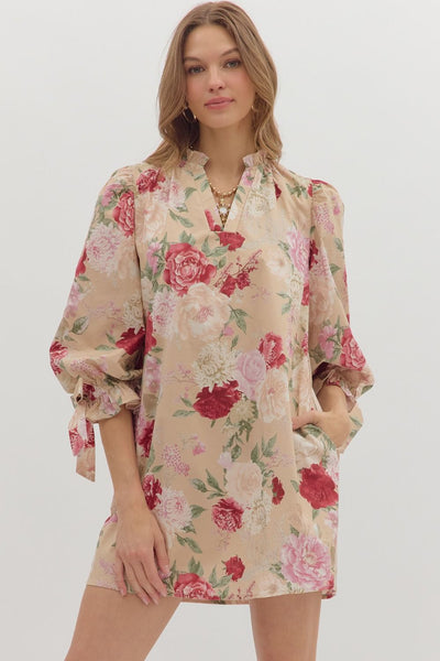 bring the good floral bubble sleeve dress | sand