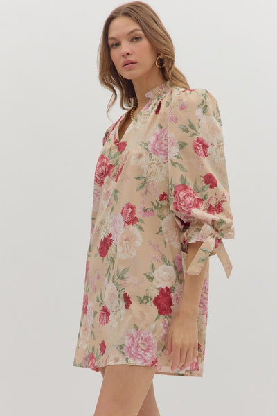 bring the good floral bubble sleeve dress | sand